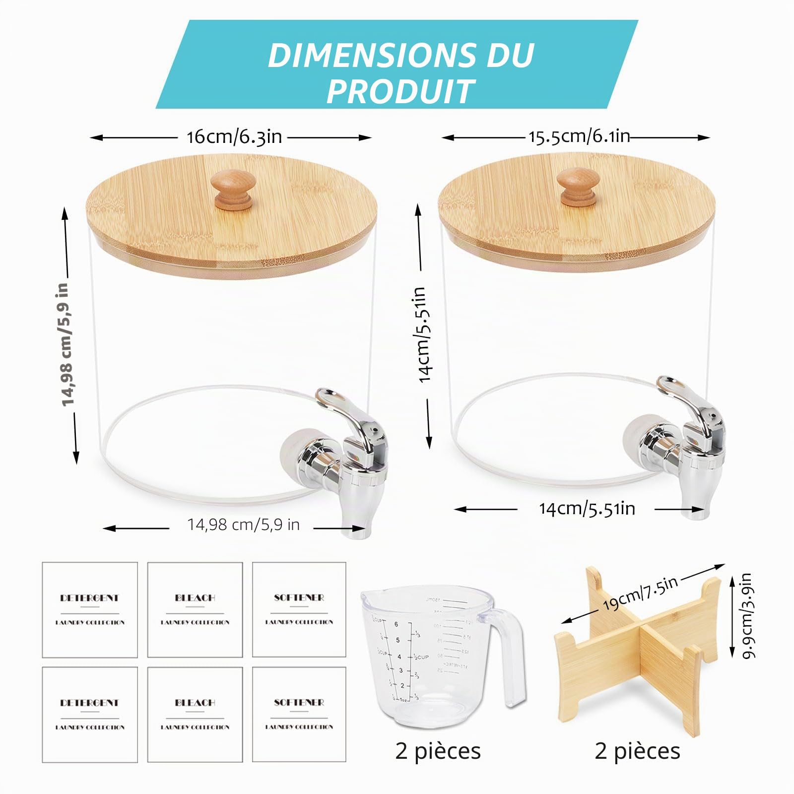 Lot de 2 distributeurs de détergent à lessive liquide avec robinet, 2,5 L réutilisables avec tasse à mesurer, pots de rangement en plastique pour adoucissant, booster de parfum, eau de Javel, bombes