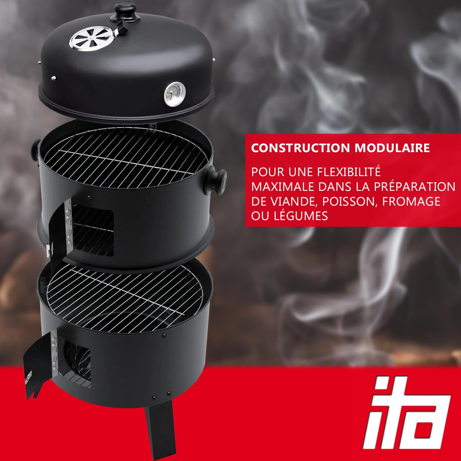 ITA Barbecue Multifonction 3 en 1 - Griller, Fumer, Cuire - Barbecue modulaire à Charbon de Bois avec thermomètre & régulation d'air sur Le Couvercle - Fumoir tonneau