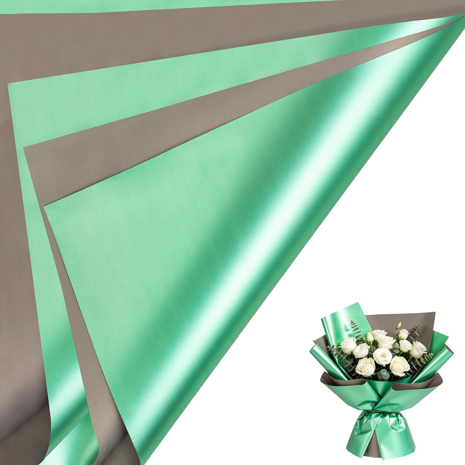 RUSPEPA 20 Sheets Double-Sided Matte Waterproof Flower Wrapping Paper, Green & Light Gray, Perfect for Wedding, Birthday & Floral Bouquet Wrapping