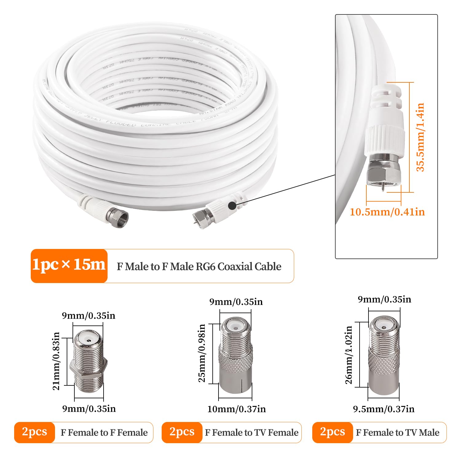 Câble Coaxial RG6 15m 75 Ohm F Mâle vers F Mâle Haut Débit Antenne TV avec 6 Coupleurs