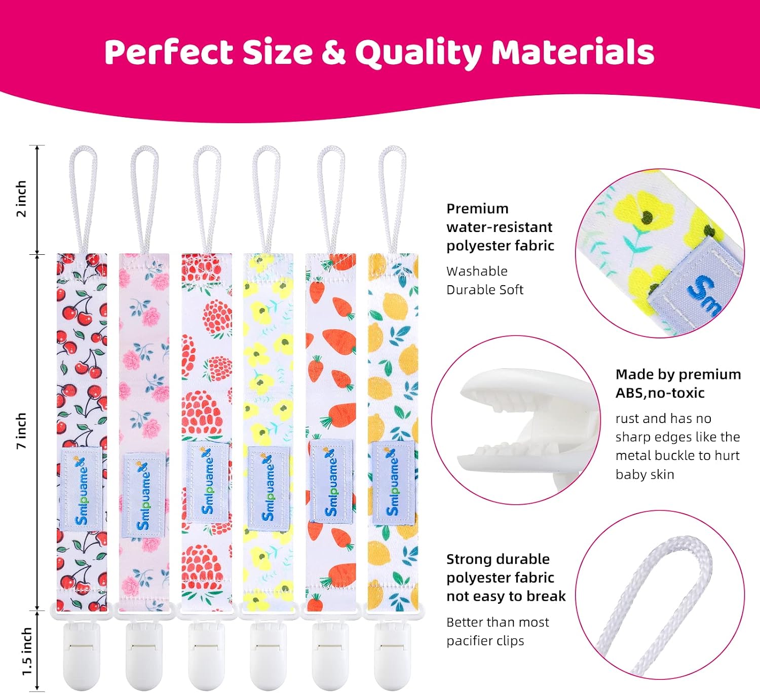 Smlpuame Dummy Clips Girl,6 Pack BPA Free Soother Chain,Pacifier Holder Clips for Teether Toy,Baby Dummy Strap Clip Universal Design Fit All Pacifiers Baby Teething Toys,Newborn Baby Shower(Fruit) - Image 5