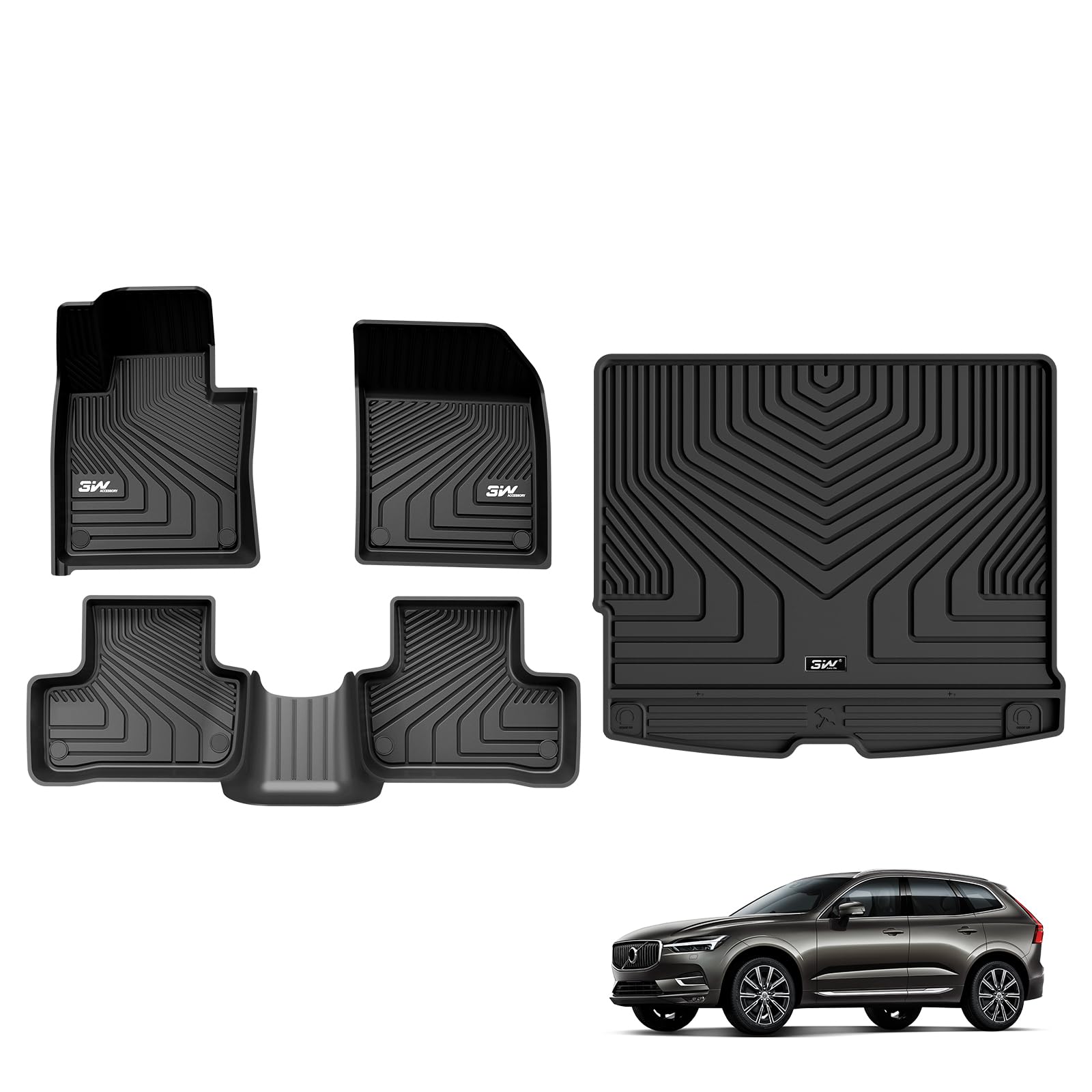 3W Fußmatten & Kofferraumwanne für Volvo XC60 2018-2025 2026 | TPE Thorex™ Allwetter | 3D Maßgeschneiderte Passform | Hundefreundlich Auto Zubehör | Wasserdicht & Kratzfest | Antirutsch