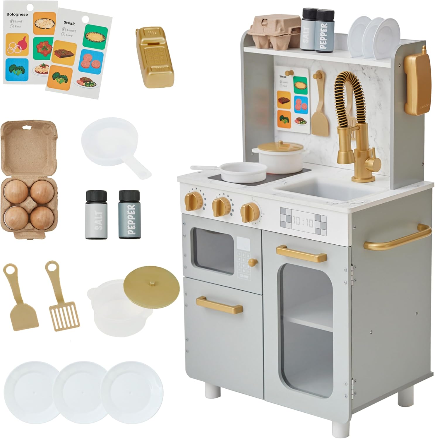 Teamson Kids Little Chef Memphis Wooden Play Kitchen for Toddlers with 16 Accessories, Realistic Pretend Cooking Set with Microwave Oven Sink Faucet Storage for Kids Ages 3+ Gray Gold Marble