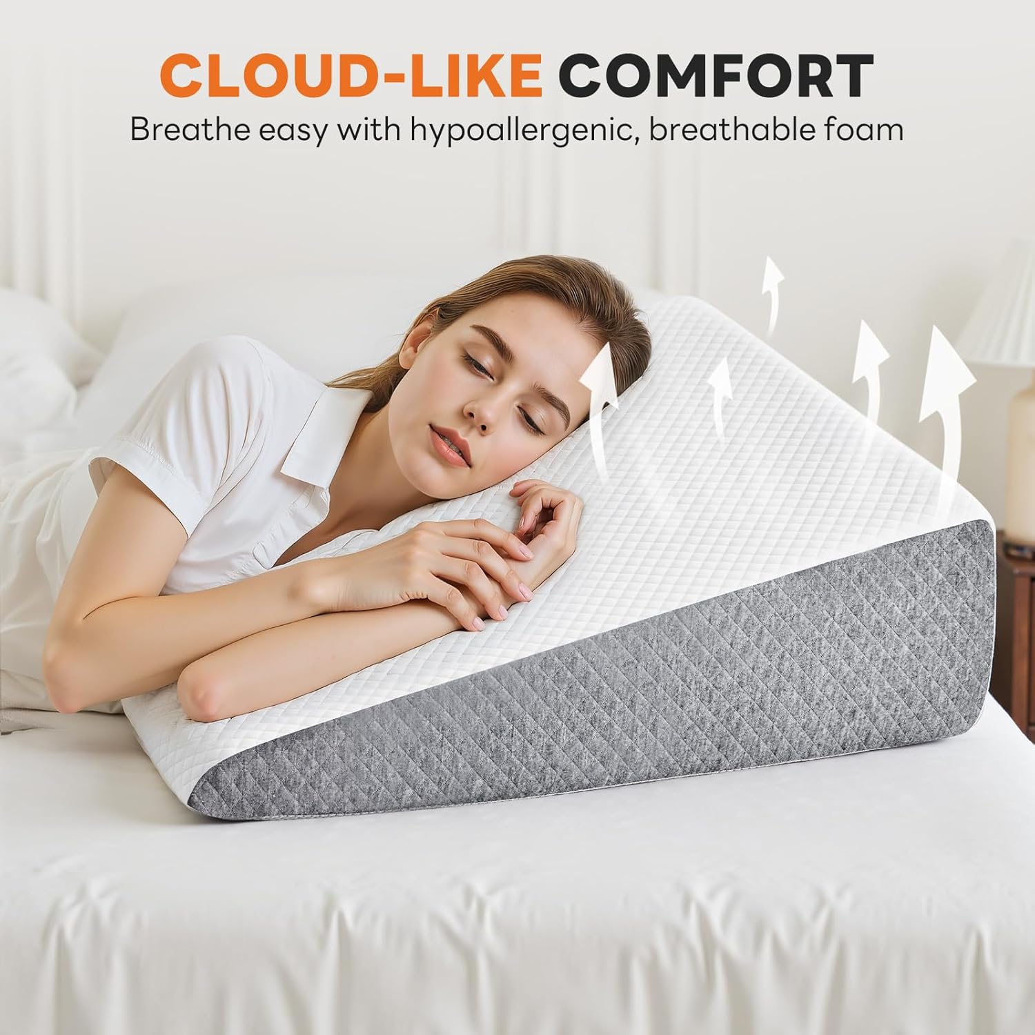Sweetcrispy Wedge Pillow, Body Pillow for Sleep Apnea, Neck Pain Relief, Post Surgery, Sleeping Comfort, Acid Reflux, Heartburn, Back Pain Relief and Snoring, 7.5Inch White& Grey