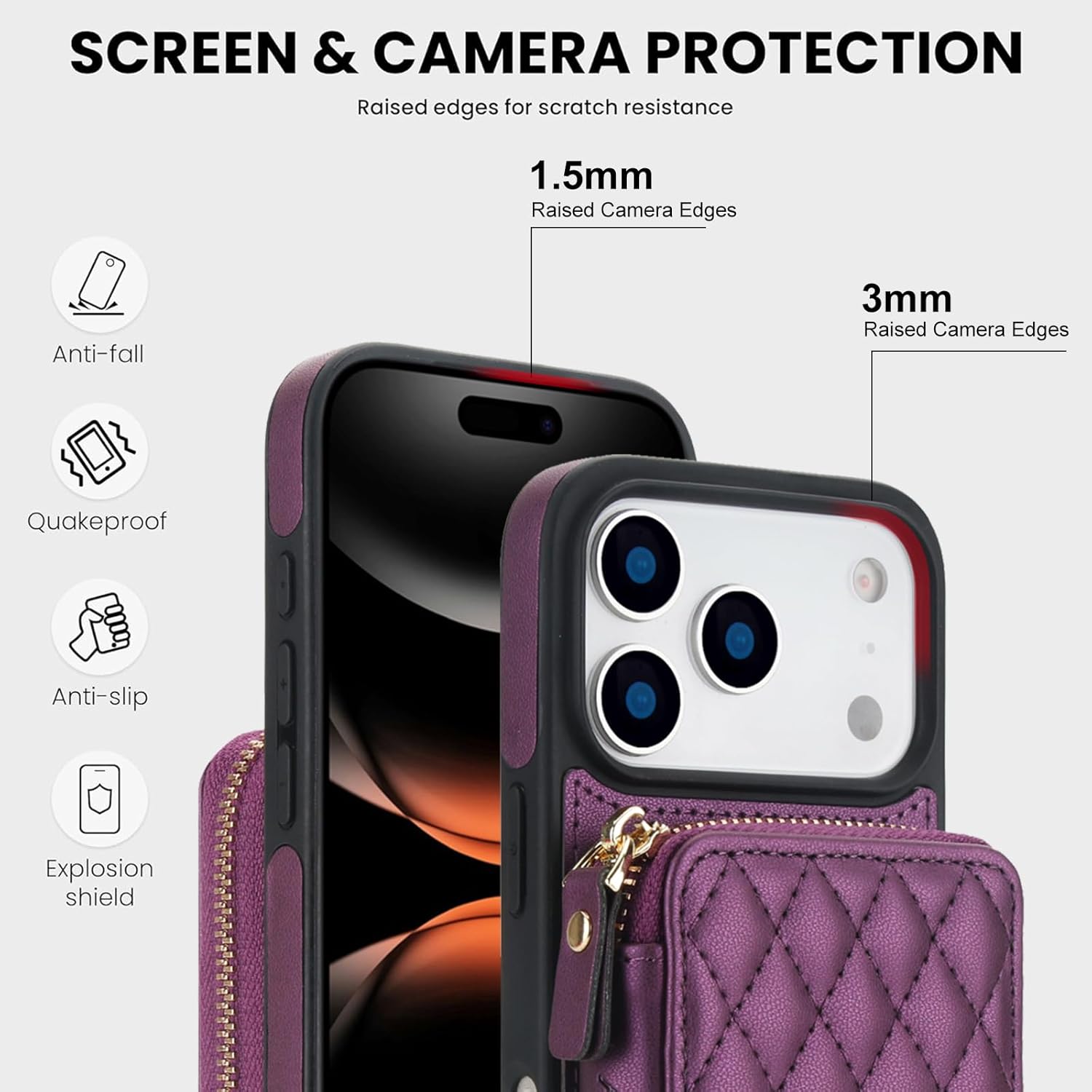 RFID Blocking Crossbody Zipper Wallet Leather Phone Case for iPhone 17 Pro Max Women (Dark Purple)