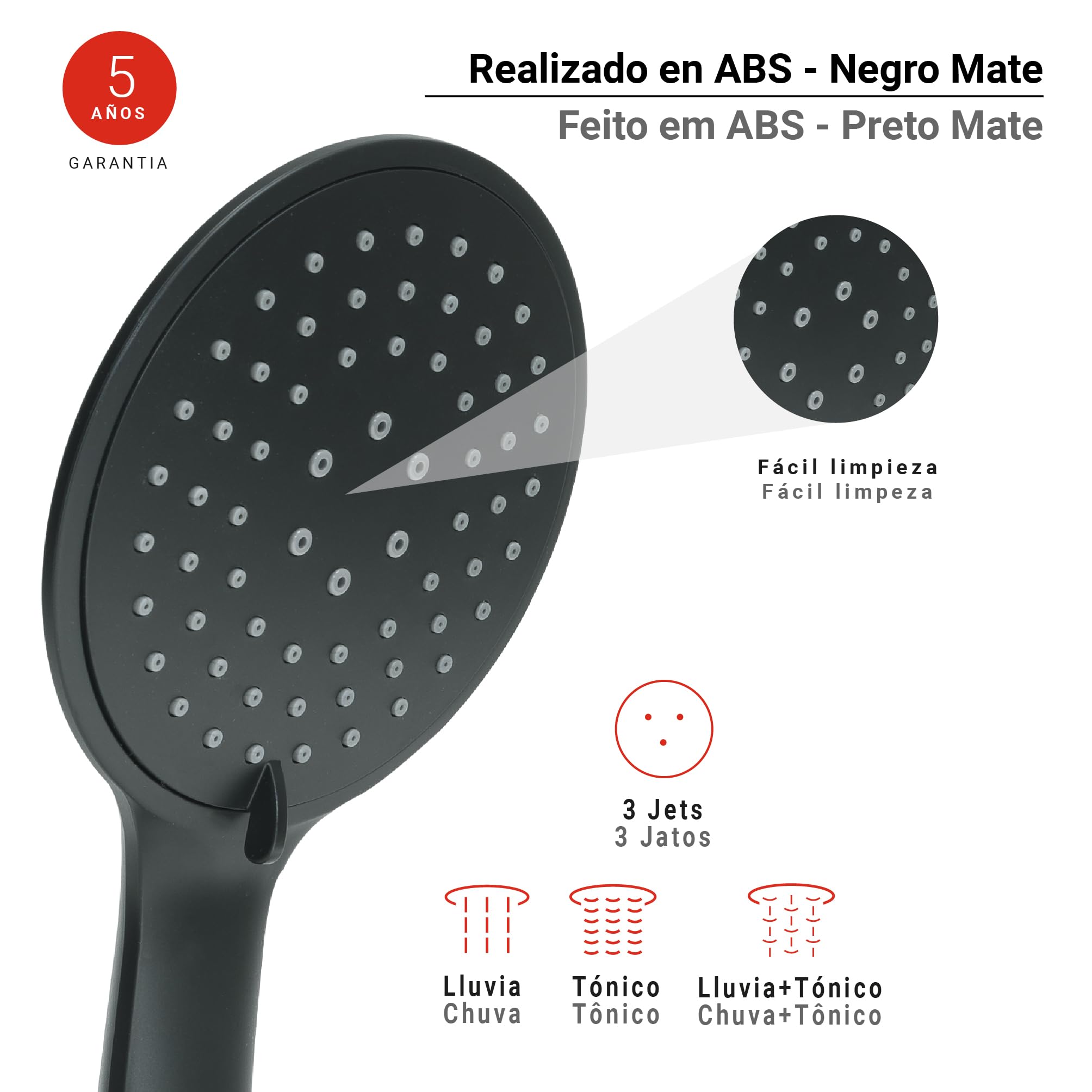 GEDY G-Tech 13, Doccetta per Doccia 3 getti, Soffione Doccia in ABS con Finitura Nera, 5 Anni di Garanzia, Design R&S, Filtro Doccia antisabbia Incluso