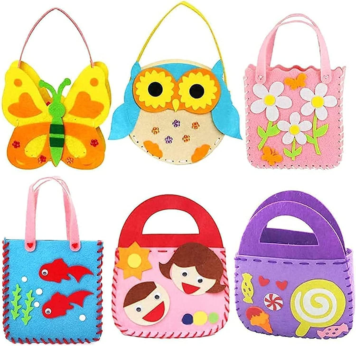 HuanShiJingXuan Childrens Sewing Kits, Children Sewing Kit, Kids Beginners Felt Craft Kit Fabric DIY Crafts Handbag, 6 pack