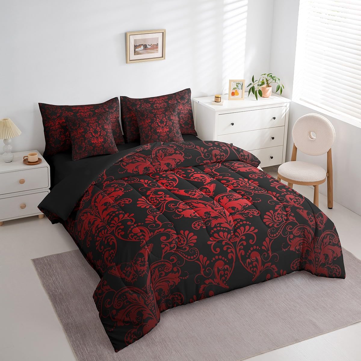 Erosebridal Gothic Damask 7 Piece Comforter Set Full Bed in a Bag,Butterfly Skull Bedding Sets Red Black Victorian Floral Goth Sheet Set with Comforter