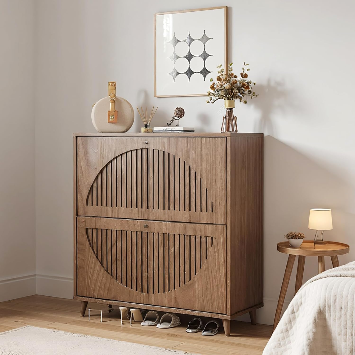 Narrow Shoe Storage Cabinet, Freestanding Wood Shoe Cabinet with 2 Flip-Top Drawers & Grooved Panels, Breathable Door Panels Slim Shoe Storage Organizer for Entryway