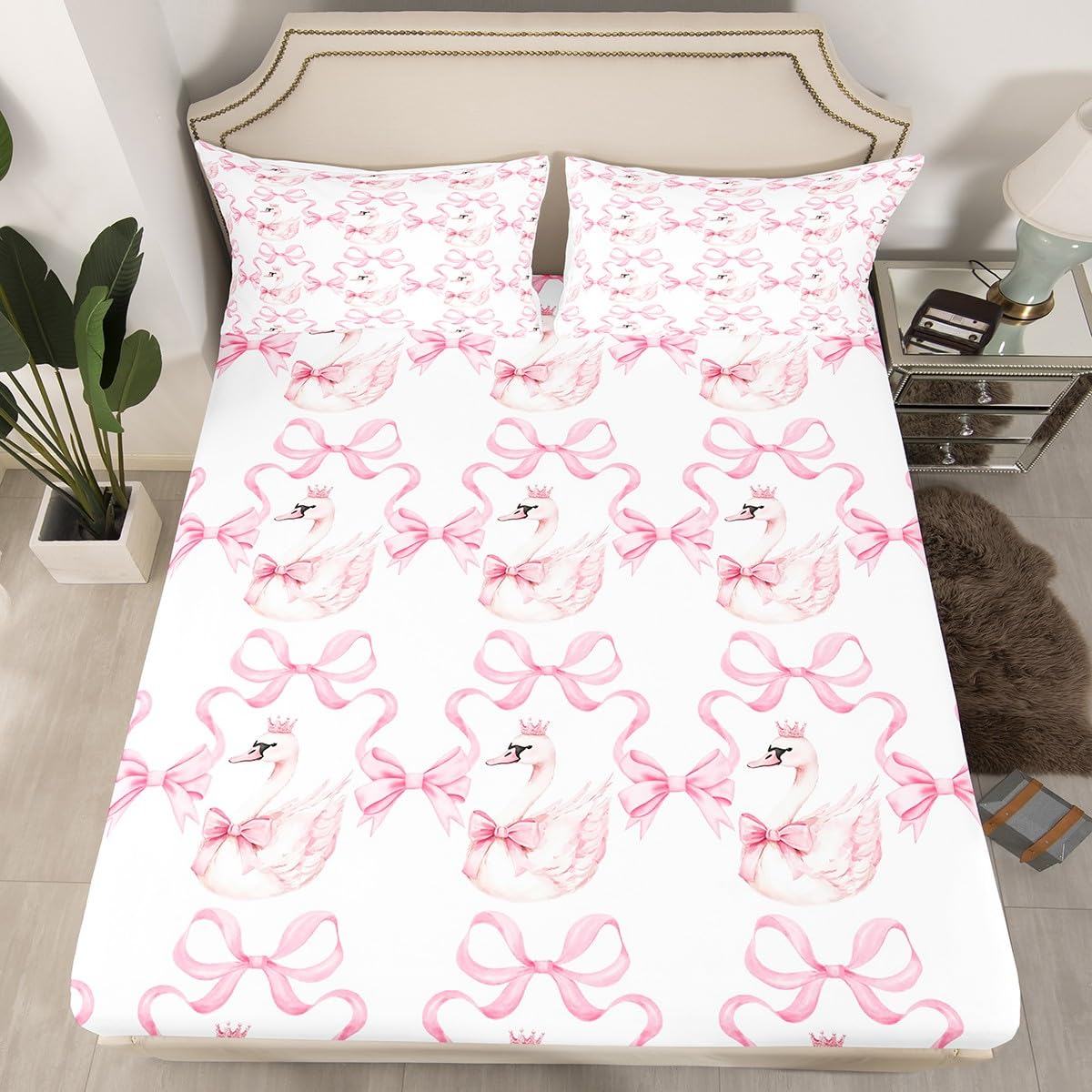 White Swan Fitted Sheet Double Size 3 Pcs,Princess Crown Pink Bowknot Dreamy Collections(No Flat Sheet),Watercolor Bow-tie Ribbon Stripes Pink White Bedding Deep Pocket for Kids