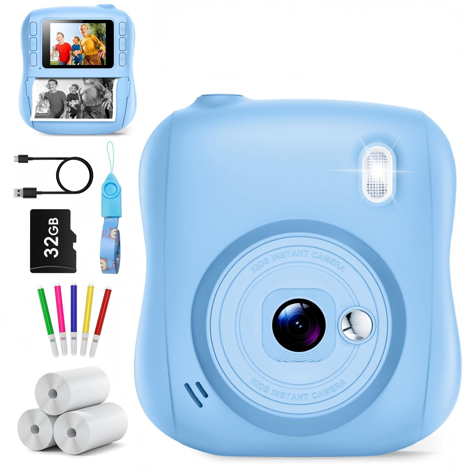 Kids Camera Instant Print, Christmas Birthday Gifts for Girls Boys Age 3-10,2.0inch Instant Print Camera for Kids, Portable Toy for 3 4 5 6 7 8 9 10 Year Old Girls Boys with 32GB Card-Blue