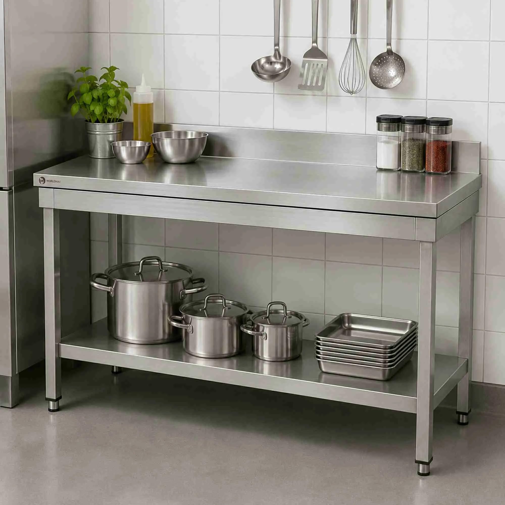 Tavolo da lavoro in acciaio inox professionale WORLDMAI 140 x 60 cm con ripiano inferiore e alzatina per ristorazione e cucina professionale.