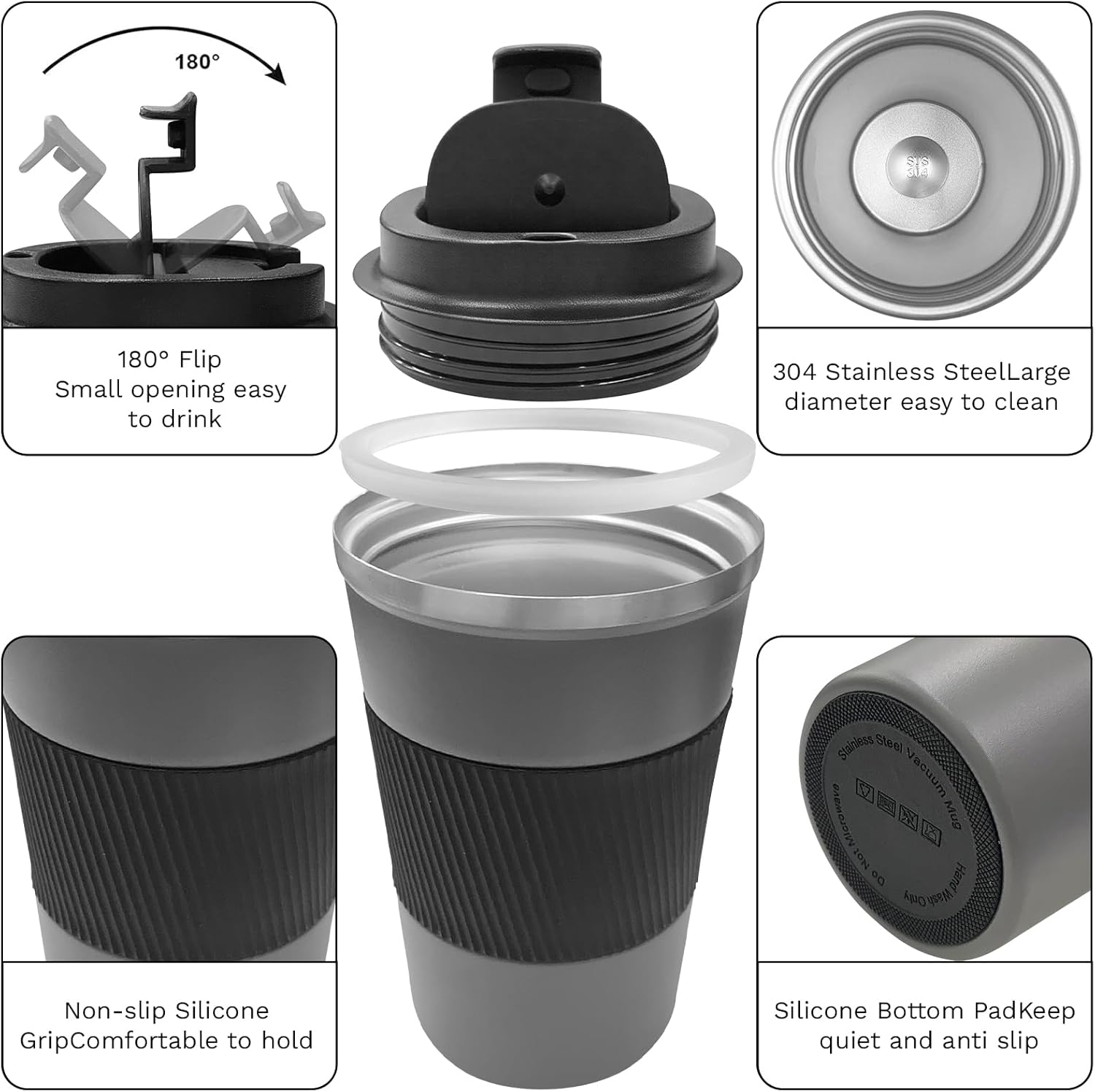 YINBAOGE Insulated Travel Coffee Mug, Spill & Leak Proof, Portable To Go Camping Stainless Steel Coffee Tumbler, Reusable Thermal Coffee Cup with Lid for Hot & Cold Drinks (Grey, 17 OZ) Gray 17 Ounces