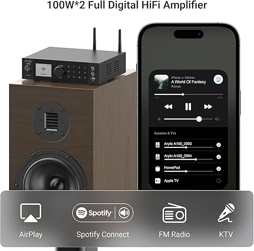 Miniatura 5 de Arylic Amplificador de alta fidelidad digital inalámbrico A100 con radio FM, WiFi de 100 W × 2 y receptor de audio Bluetooth, compatible con