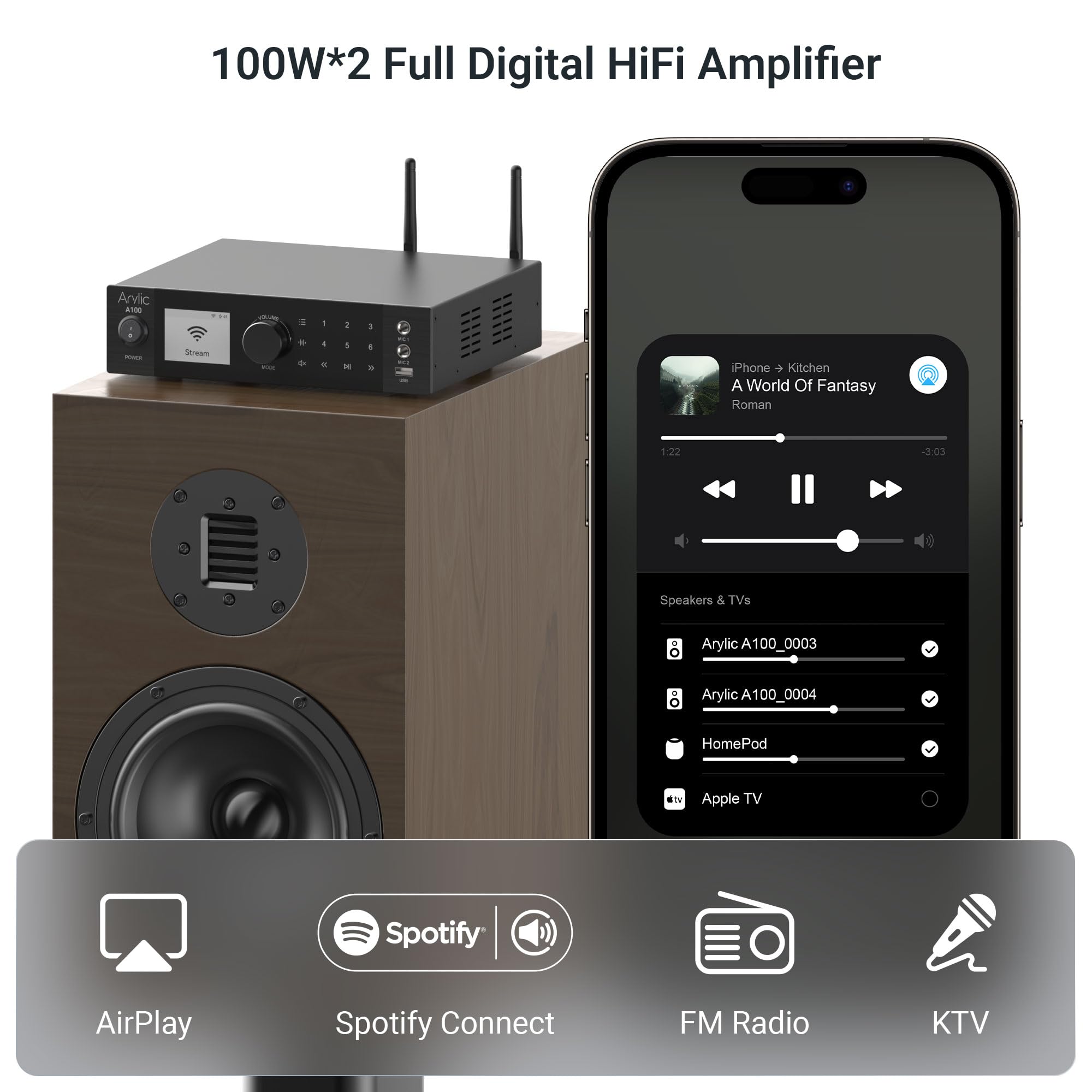 Amplificatore HiFi digitale wireless Arylic A100 con radio FM, ricevitore audio WiFi e Bluetooth da 100 W × 2, compatibile con AirPlay, Spotify Connect, ideale per KTV, home theater e trasmissioni.