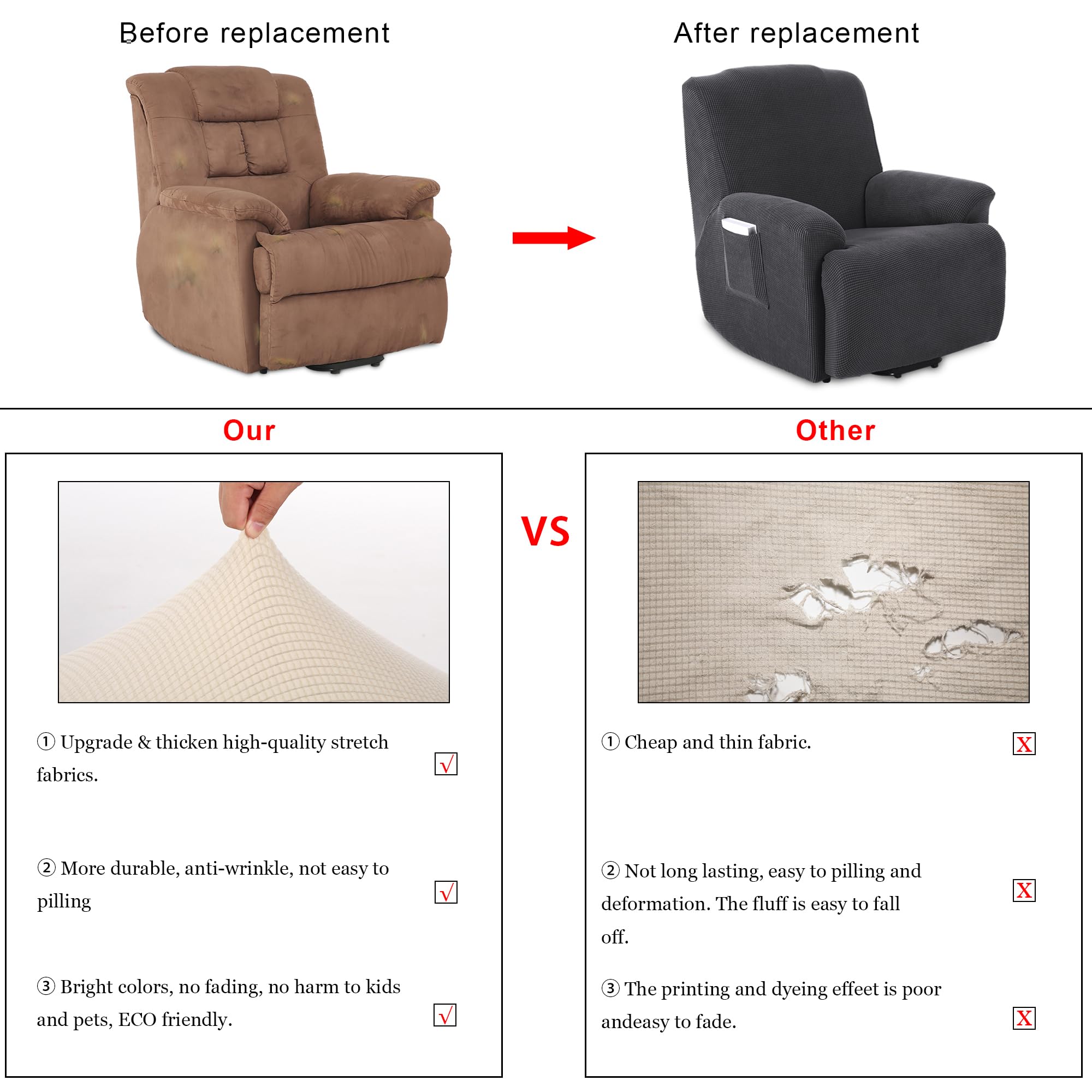 TIANSHU 1 Posti Fodera per Poltrona Reclinabile, Fodera per Poltrona Reclinabile Jacquard, Fodera per Divano Reclinabile Elasticizzata (Poltrona Reclinabile, Grigio)