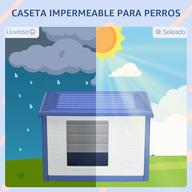 Foto 6 de 8 de PawHut Casa para Perro Impermeable 60x42x40cm Azul y Blanco