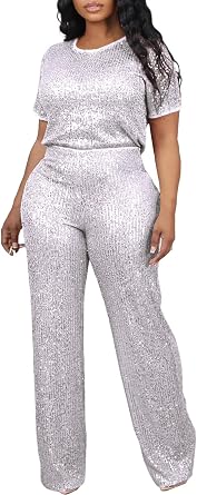 Sequin 2 Piece Outfit for Women Sparkle Wide Leg Pants Set Shiny Clubwear | Crew Neck Sparkly Top,Short Sleeve Glitter Shirts,Stretchy, Lined,Shiny Sparkling Pants with Pockets,Cocktail Holiday Party