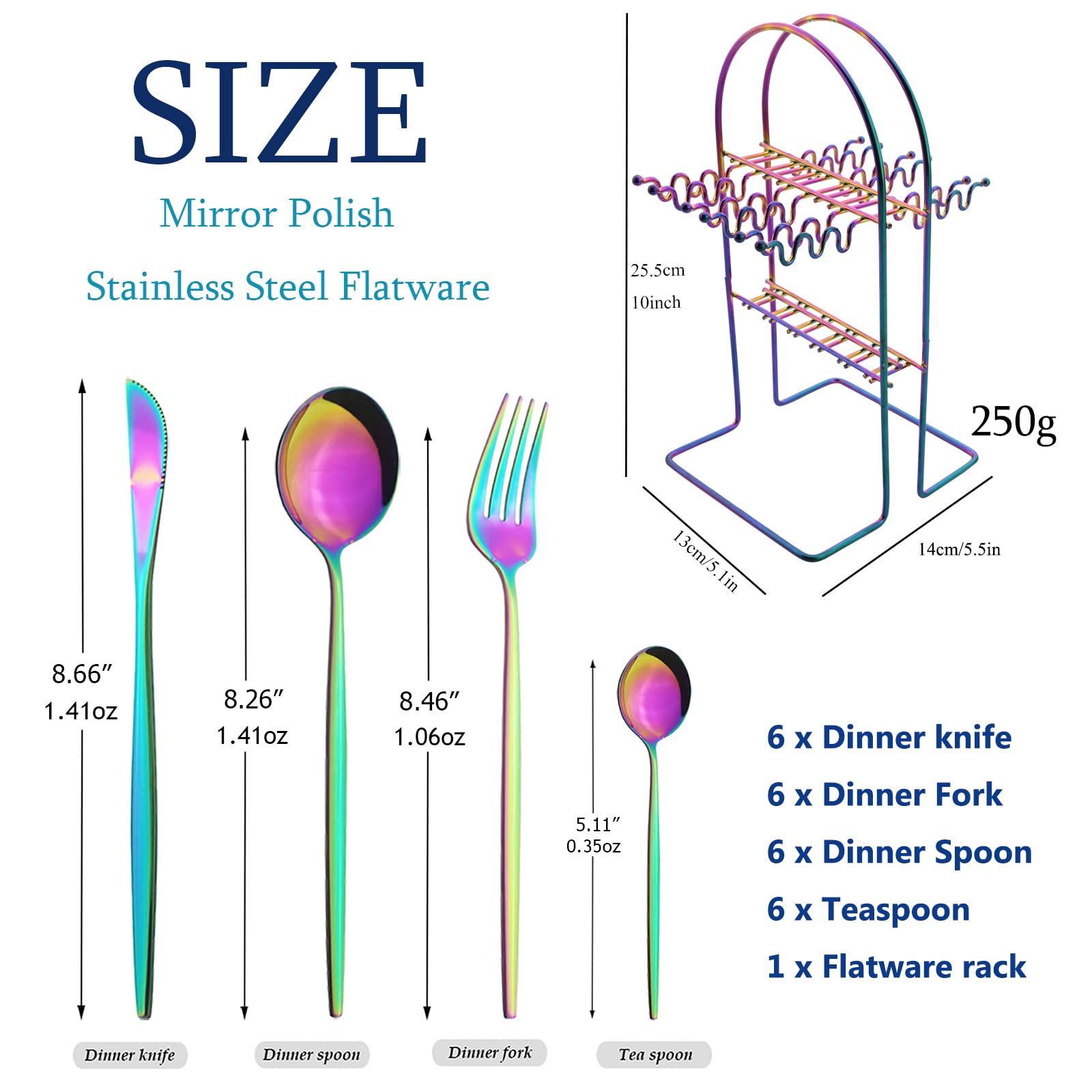 24-Piece Mirror Rainbow Cutlery Set, Snplowum Stainless Steel Flatware Hanging Tableware Silverware Set Include Knife/Fork/Spoon/Teaspoon and Storage Rack For Daily Use, Service For 6