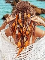 Vista 1 de Diadema bohemia de plumas para festival, accesorios para el cabello largo gitano bohemio con cuentas hippie para mujer (patrón 1)