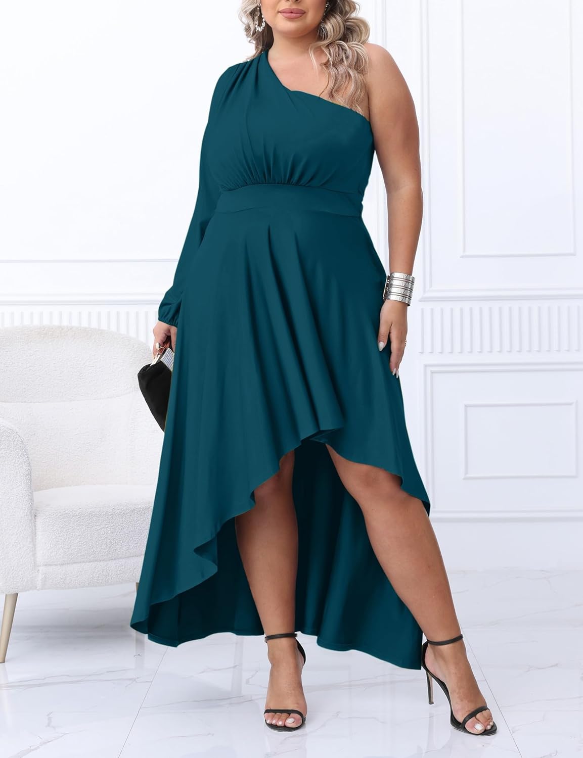 Ekaliy Women's Plus Size One Shoulder Maxi Dress Long Sleeve High Low Irregular Hem Flowy Long Party Cocktail Dress - Image 4