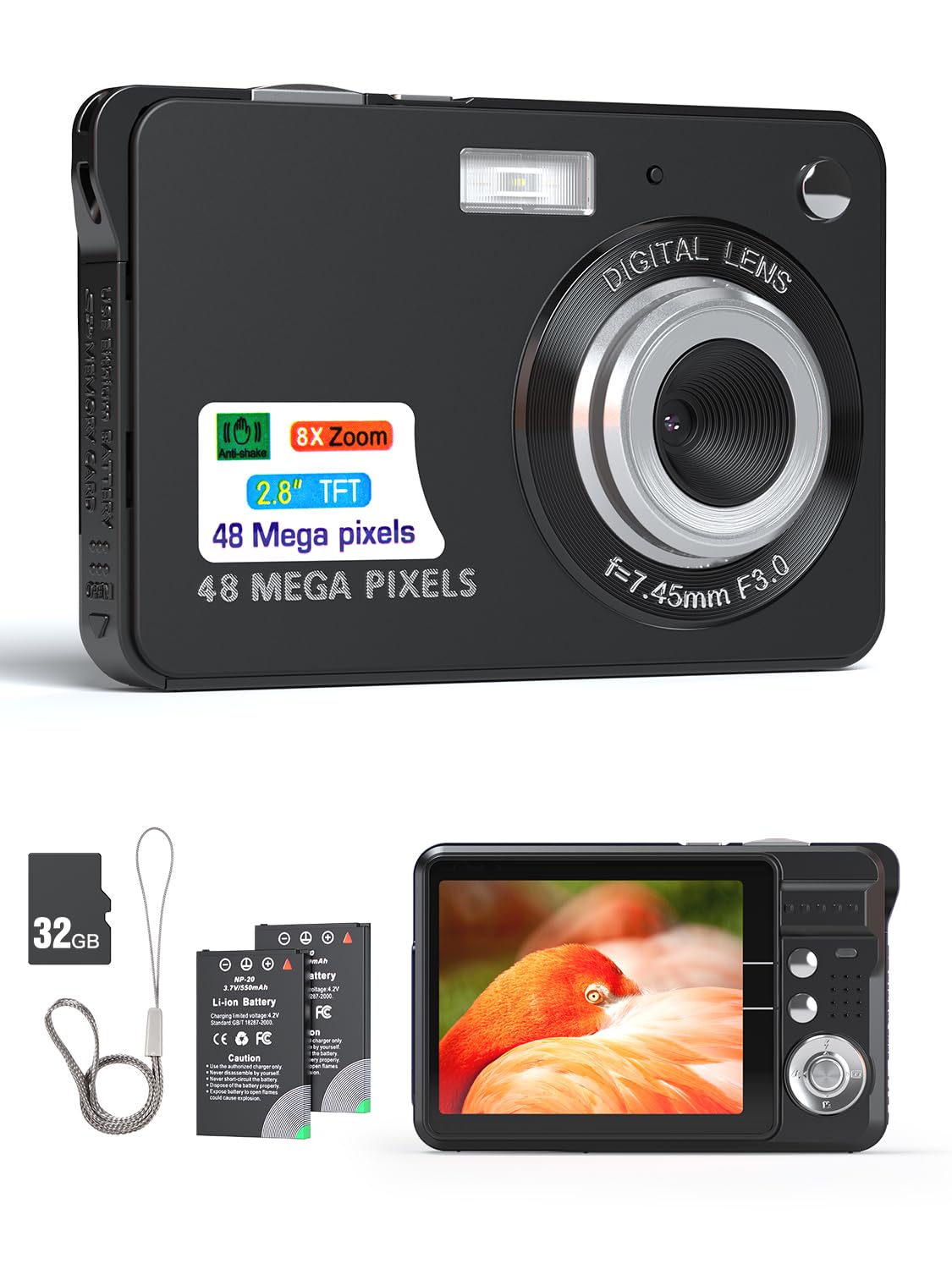 Andoer Fotocamera Digitale 48MP Per Ragazzi: Zoom 16x, Autofocus, Antishake E 2 Batterie - 3