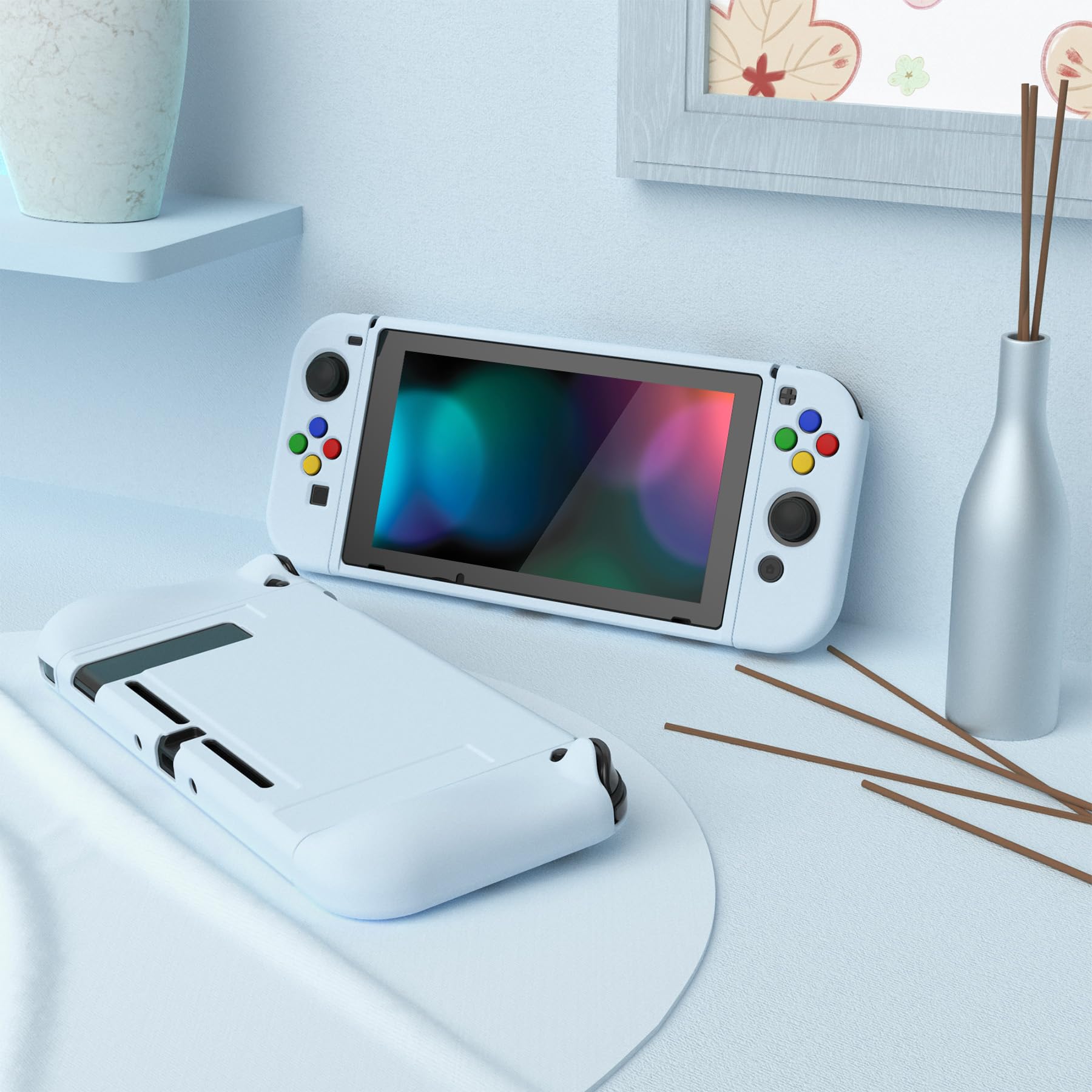 PlayVital Cover Protettiva Custodia per Nintendo Switch Copertura Morbida TPU Case per Joycon Console con Copri Tasti ABXY Direzionali Colorati-Celeste