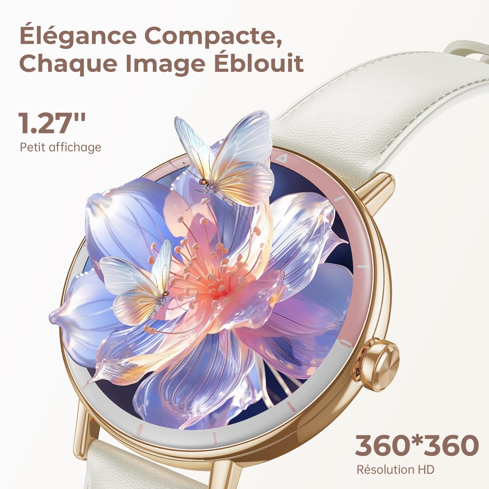 Montre Connectée Femme, 1,27'' HD Smartwatch Petit Poignet Ronde avec Cycle Menstruel/SpO2/Fréquence Cardiaque/Sommeil/Podomètre/100+ Modes Sportifs/IP68 pour Android iOS, Or Rose/Ivoire