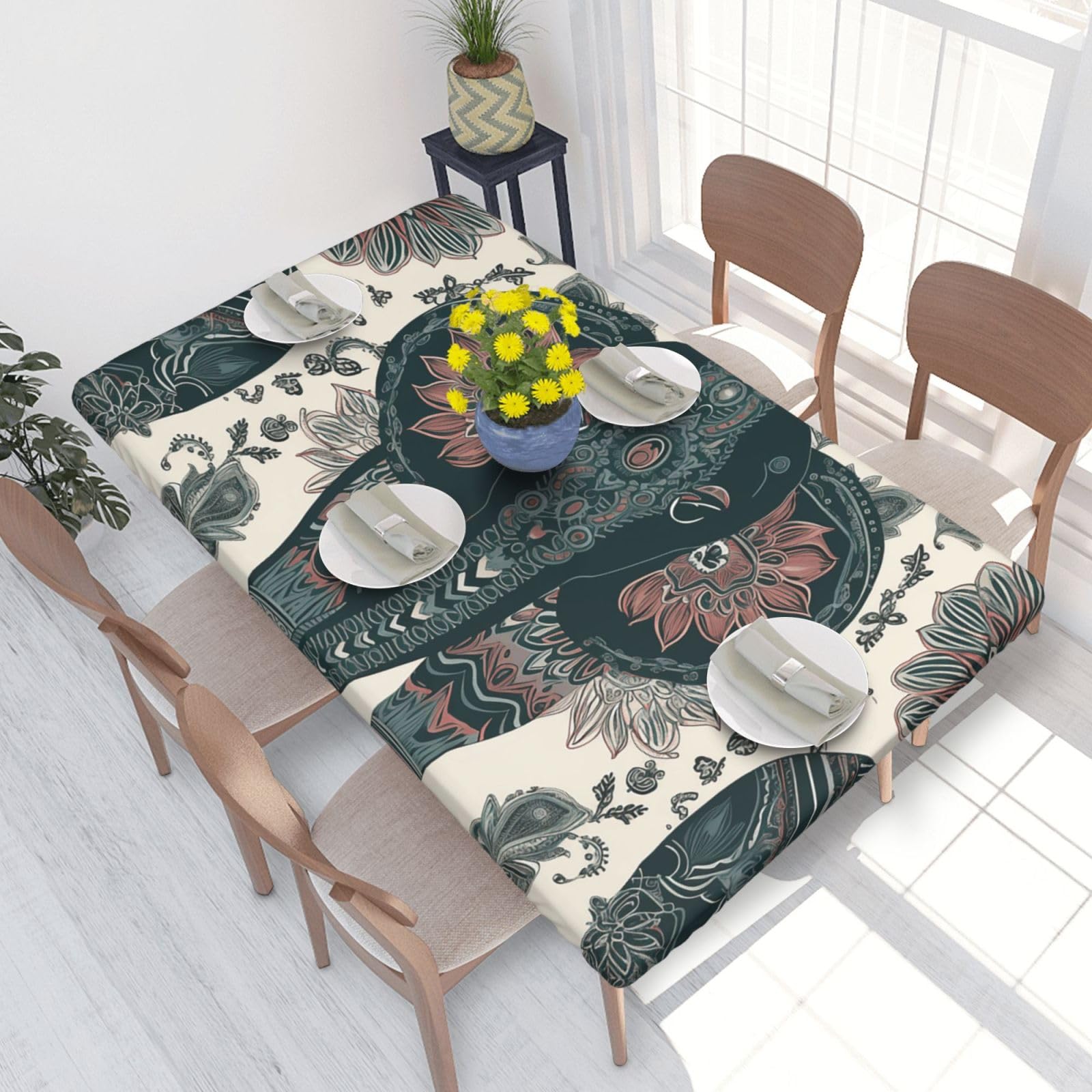 Elephant Pattern Waterproof Square Table Cover Elastic Fitted Tablecloth Oil Proof Table Protector For 4ft Table