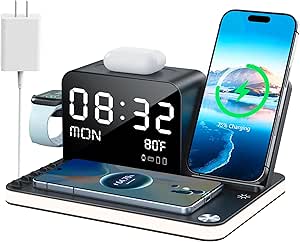7 in 1 Wireless Charging Station for Apple Device Wireless Charger with Night Light Bluetooth Time &amp; Temperature Sync 33W Fast Charger for iPhone 17/16/15/14/13 All Series Android Phone Airpods iWatch