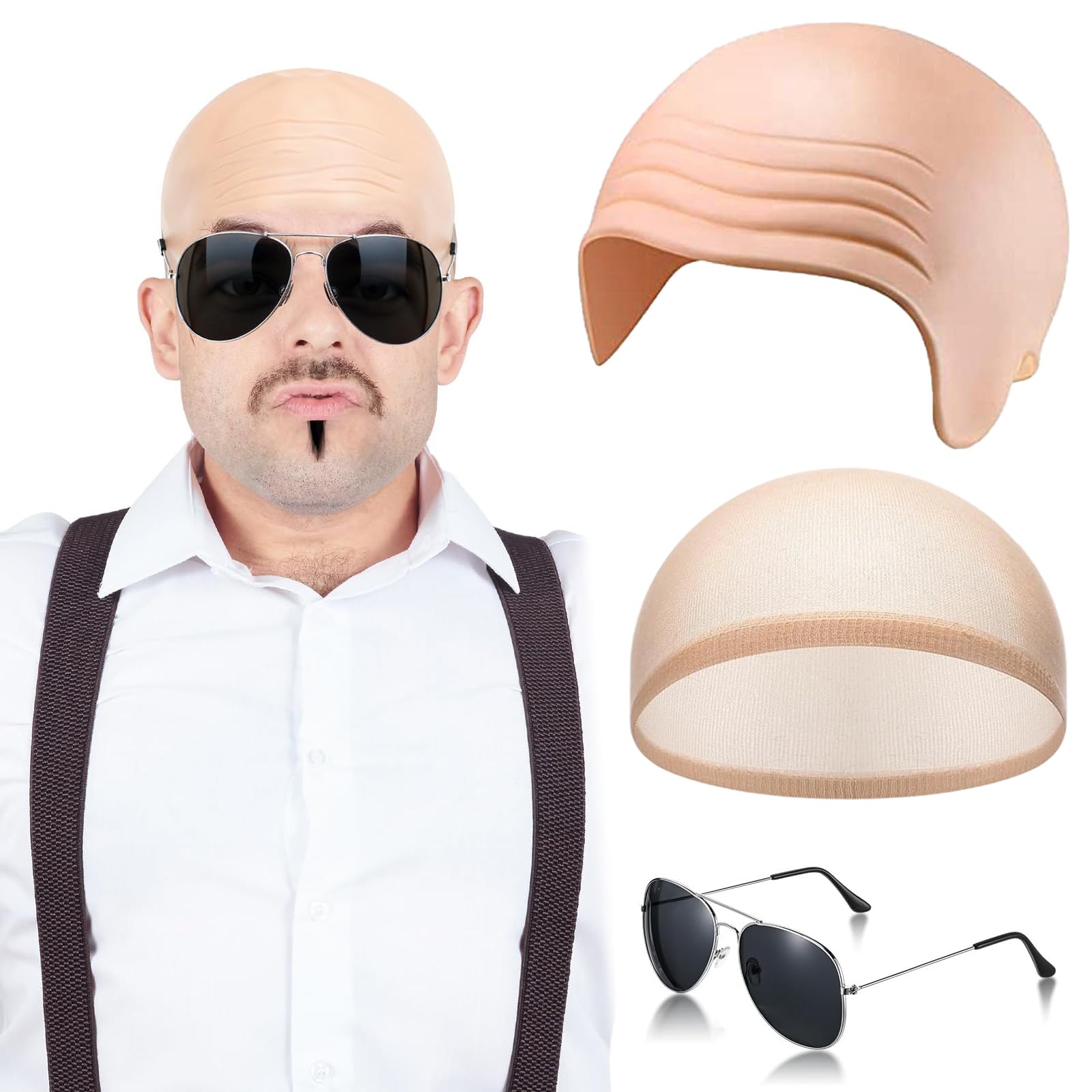 KAZGVN Pitbull Costume, Halloween Costumes, 3 PCS Adult Bald Caps Set including Hair Nets and Sunglasses