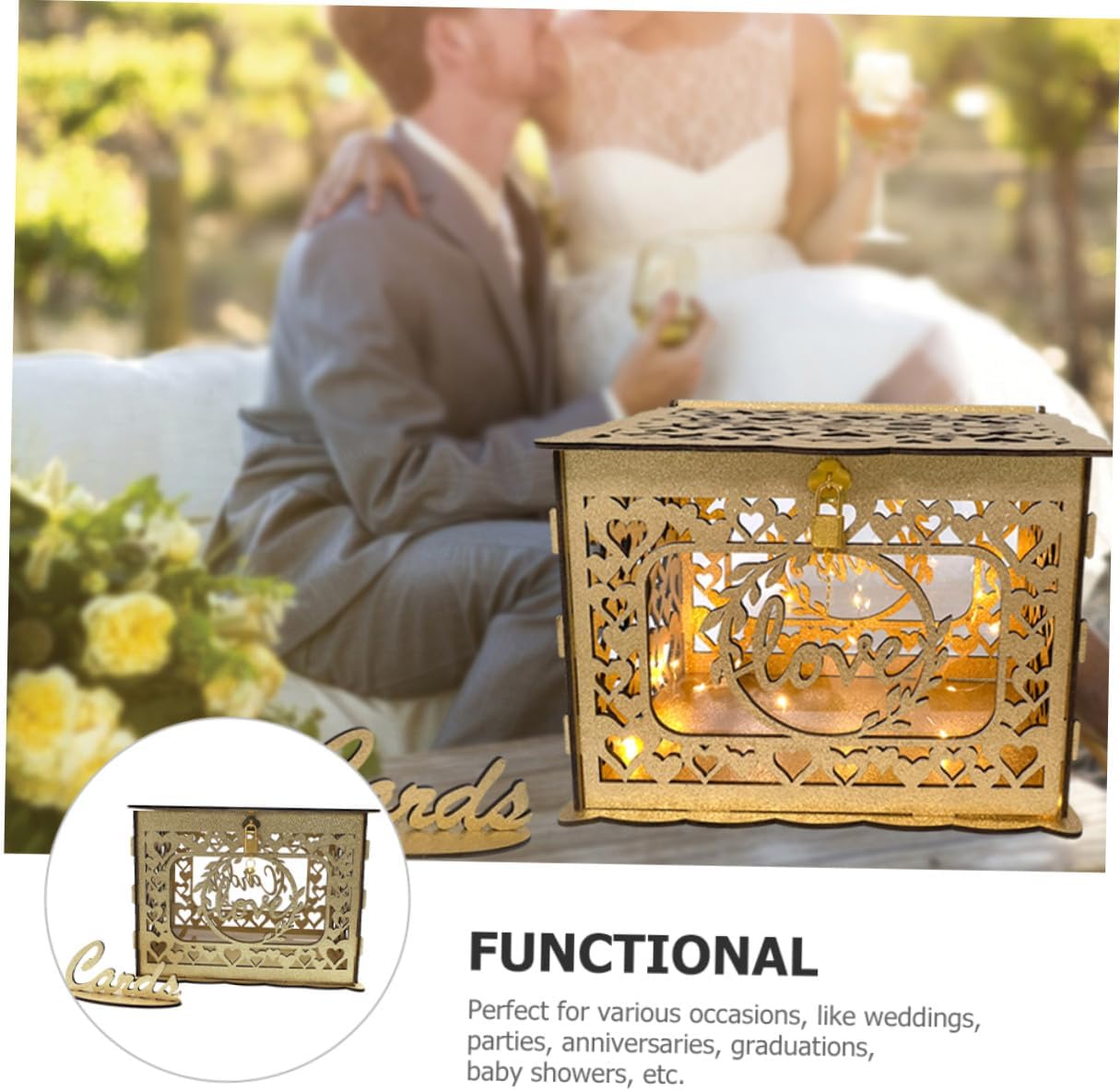 CALLARON Wooden Hollow Card Box Glitter Decoration Wedding Reception Envelope Greeting Card Holder Anniversary Blessing Collection Container for Party