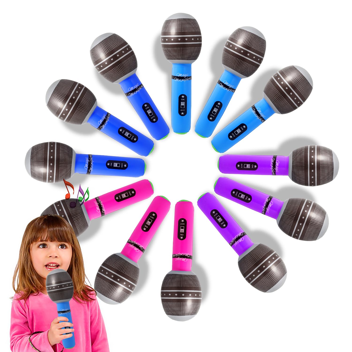 Novelty Place 12-Piece Inflatable Microphones - Assorted Colors, Giant Blow-Up Rock Star Microphones for 80s, 90s Musical Concert Party Favors (10 Inches)
