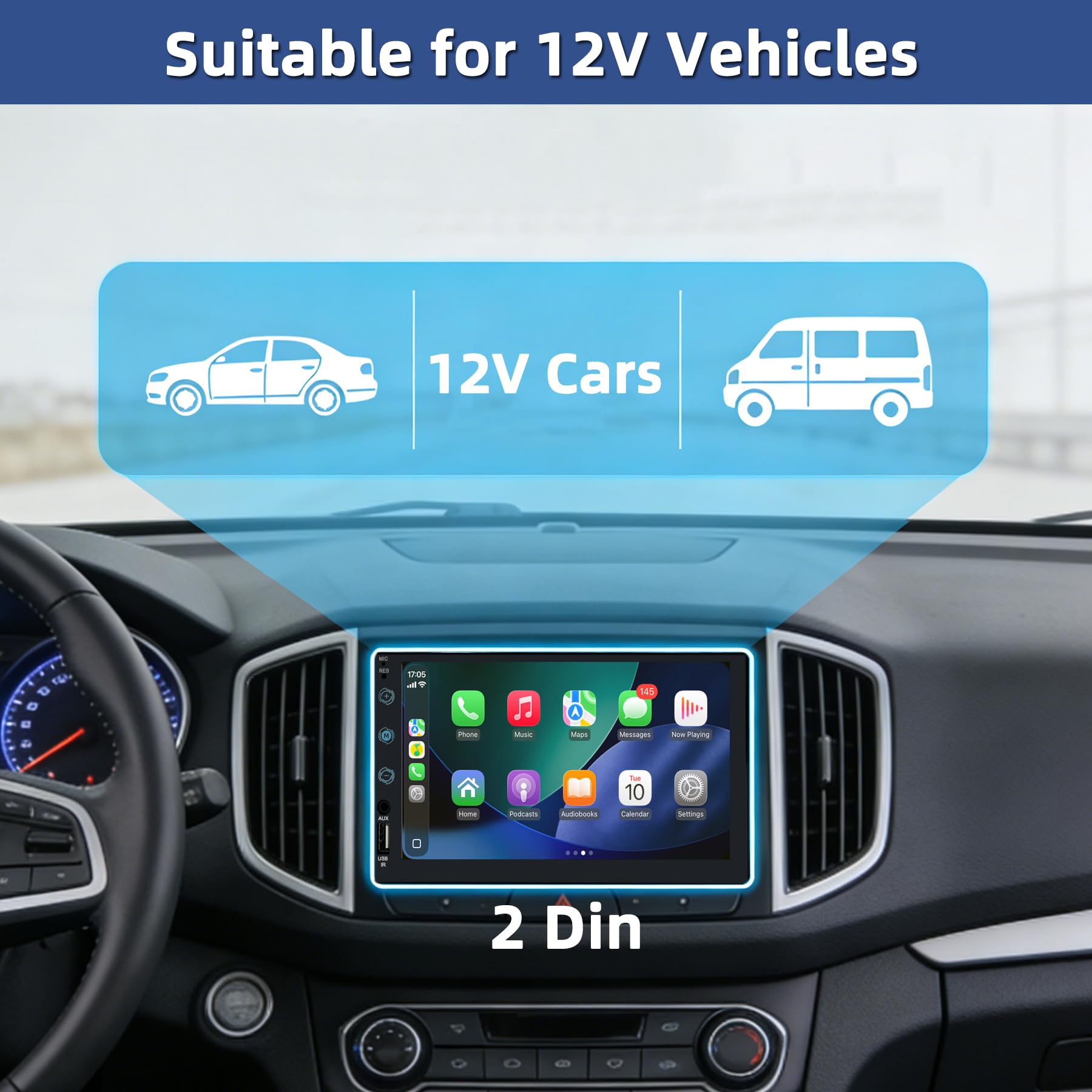 Radio Coche 2 DIN con Carplay y Android Auto por Cable - Pantalla Táctil de 7 Pulgadas con Cámara Trasera, Mirror Link, USB/AUX/FM, Apto para Vehículos de 12V