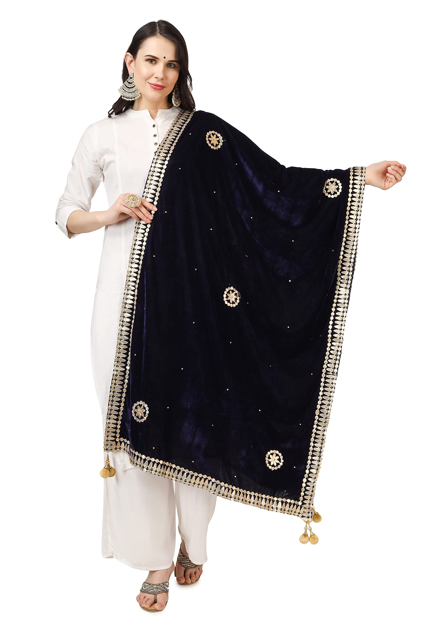 A R Silk Women's Blue Velvet Chandana & Gotta Patti Work With Gotta Patti Lace Fancy Dupatta(ARS0760)