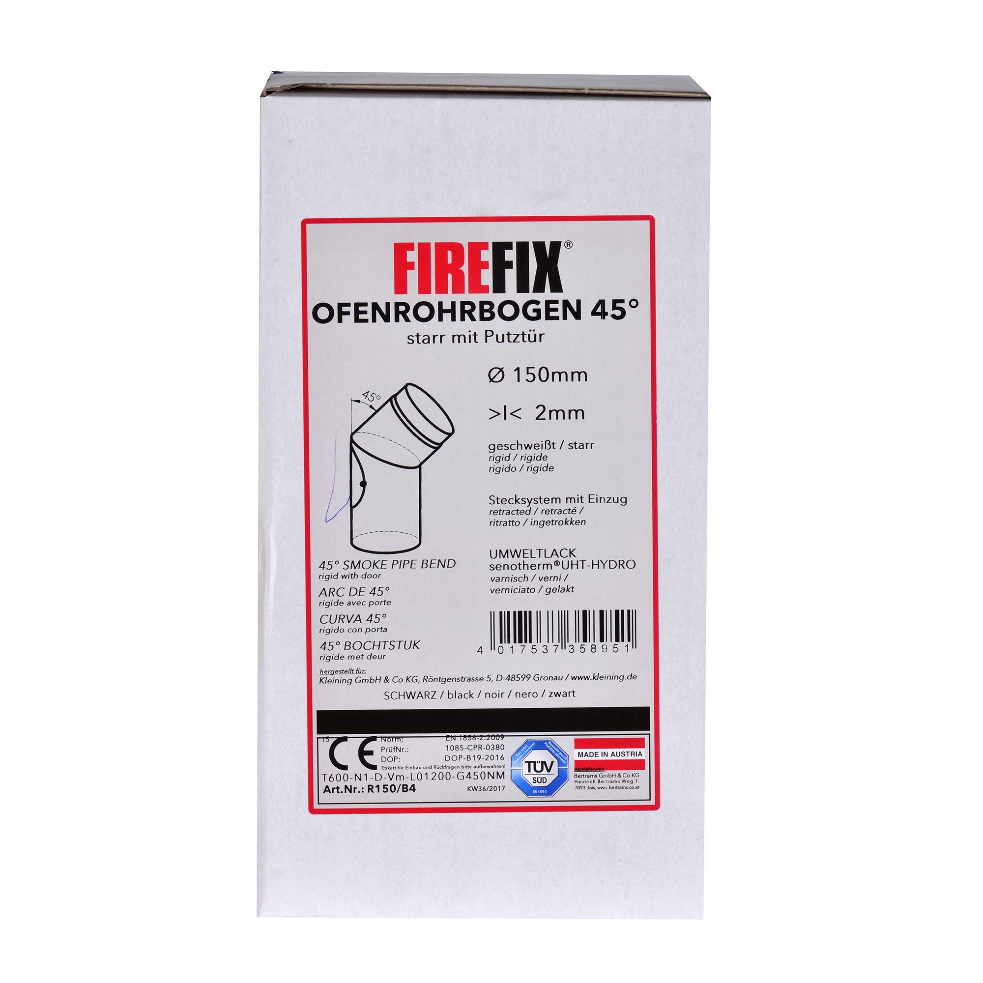 FIREFIX R150/B4 - Tubo per canna fumaria in acciaio spesso 2 mm, diametro 150 mm, per stufe e fuochi d'artificio, Senotherm, 45°, con porta di pulizia, colore: nero
