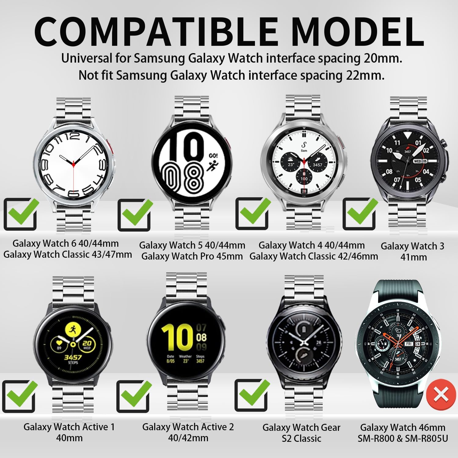 Kompatybilny z zegarkiem Samsung Galaxy Watch 7, 6, 5, 4, FE Band Pro Classic Active 2, 40 mm, 44 mm, 43 mm, 47 mm, 45 mm, 42 mm, 46 mm, 20 mm, 3, 41 mm, męski, damski, metalowy, elegancki, biznesowy