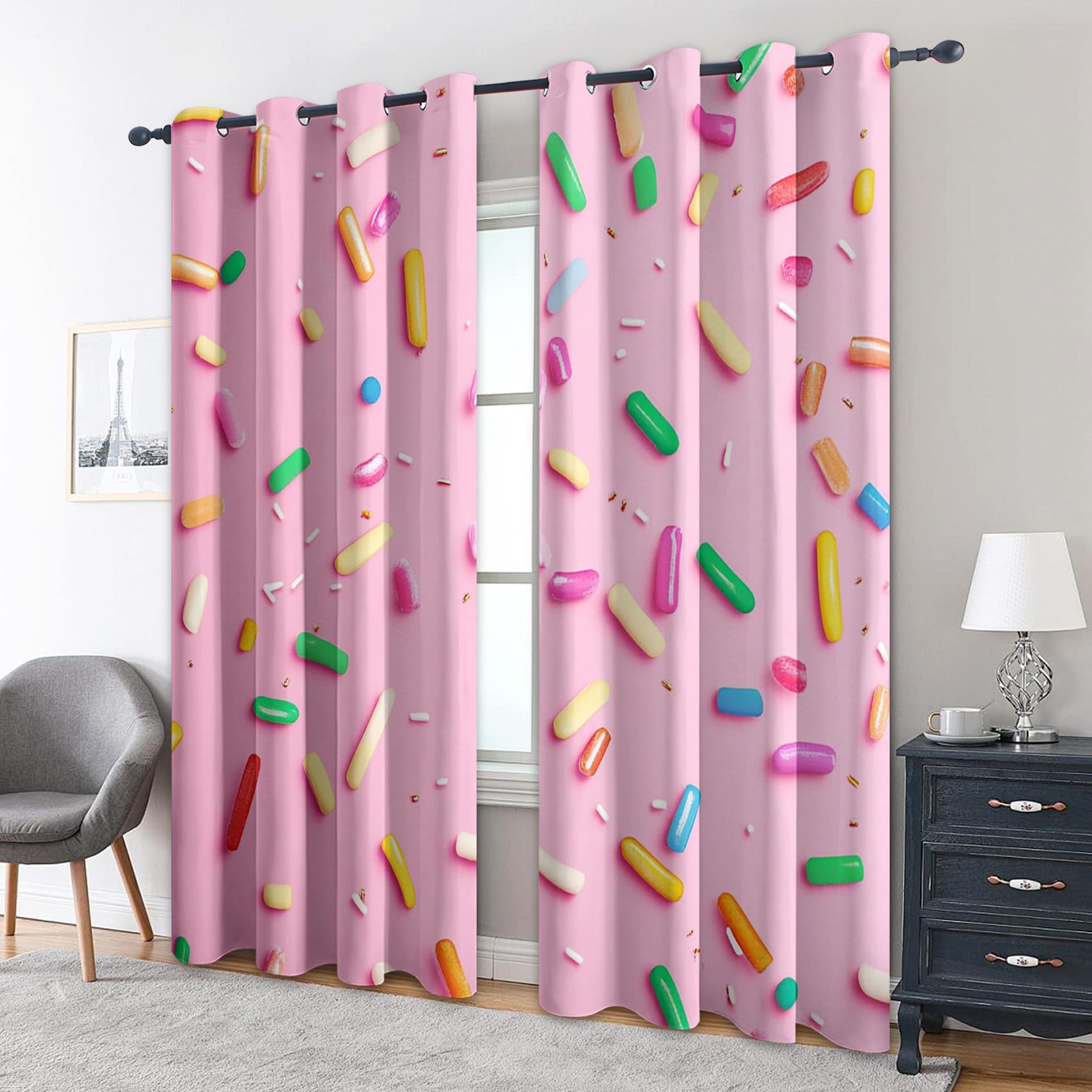 Zuckerstreusel Vorhänge, Kinder Rosa Dessert Verdunklungsvorhänge mit Ösen, Vorhang Blickdicht für Wohnzimmer Schlafzimmer Dekoration, Gardinen mit Muster, 2er Set, H 260 x B 140 cm #S492