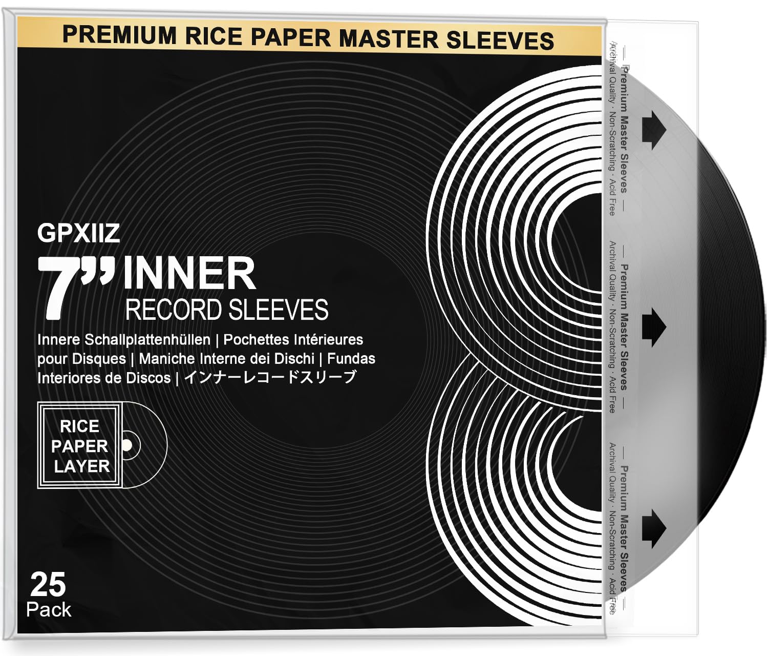 GPXIIZ Schallplatten Innenhüllen 7 Zoll, 25 Stück Lp Schutzhüllen, Master Schallplatten Hüllen aus 3-Lagige HDPE+Reispapier, Antistatisch Vinyl Hüllen aus Reispapier, für 7" Vinyl Inner Sleeves