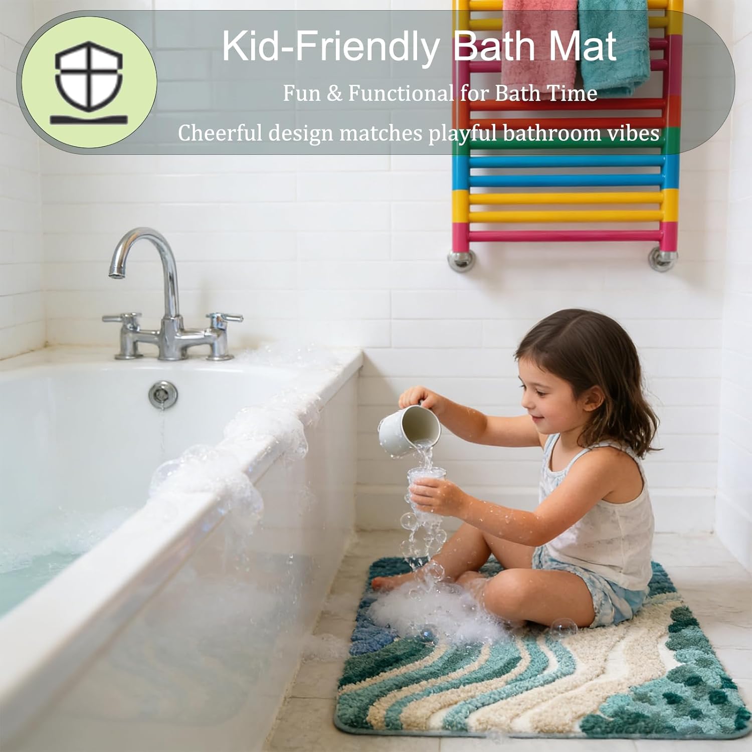 Beach Bathroom Rugs, 20"x32" Non-Slip Soft Plush Bath Mat, Water Absorbent Shaggy Shower Rug, Machine Washable, Abstract Wave Green Bathroom Decor for Home Decor, Kids Room, Shower (Stream)