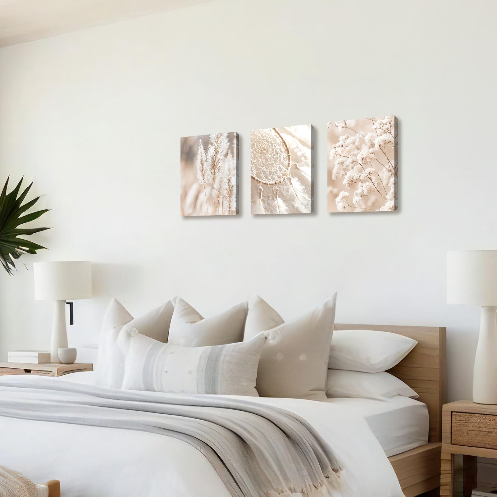 3 Pcs Wooden Framed Canvas Wall Art Canvas Prints Beige Pampas Grass Painting Dreamcatcher Botanical Baby's Breath Pictures for Living Room Bedroom Bathroom Hallway Wall Decoration 30x40 cm x3pcs - Image 3