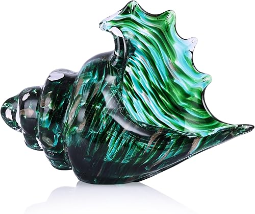 DOVDOV Estatua de caracola de vidrio soplado a mano, obras de arte de vidrio de mar verde, decoraciones de concha de mar de vidrio para decoración