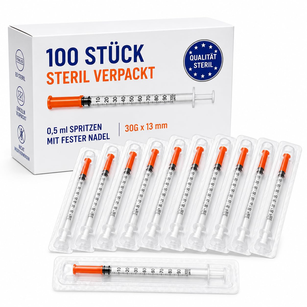 100 Stück 0,5 ml Dosierspritzen mit fester Nadel 29G x 13 mm – Einwegspritzen einzeln verpackt, präzise Skala | Labor, Tierpflege, Basteln, Nachfüllen, Liquid