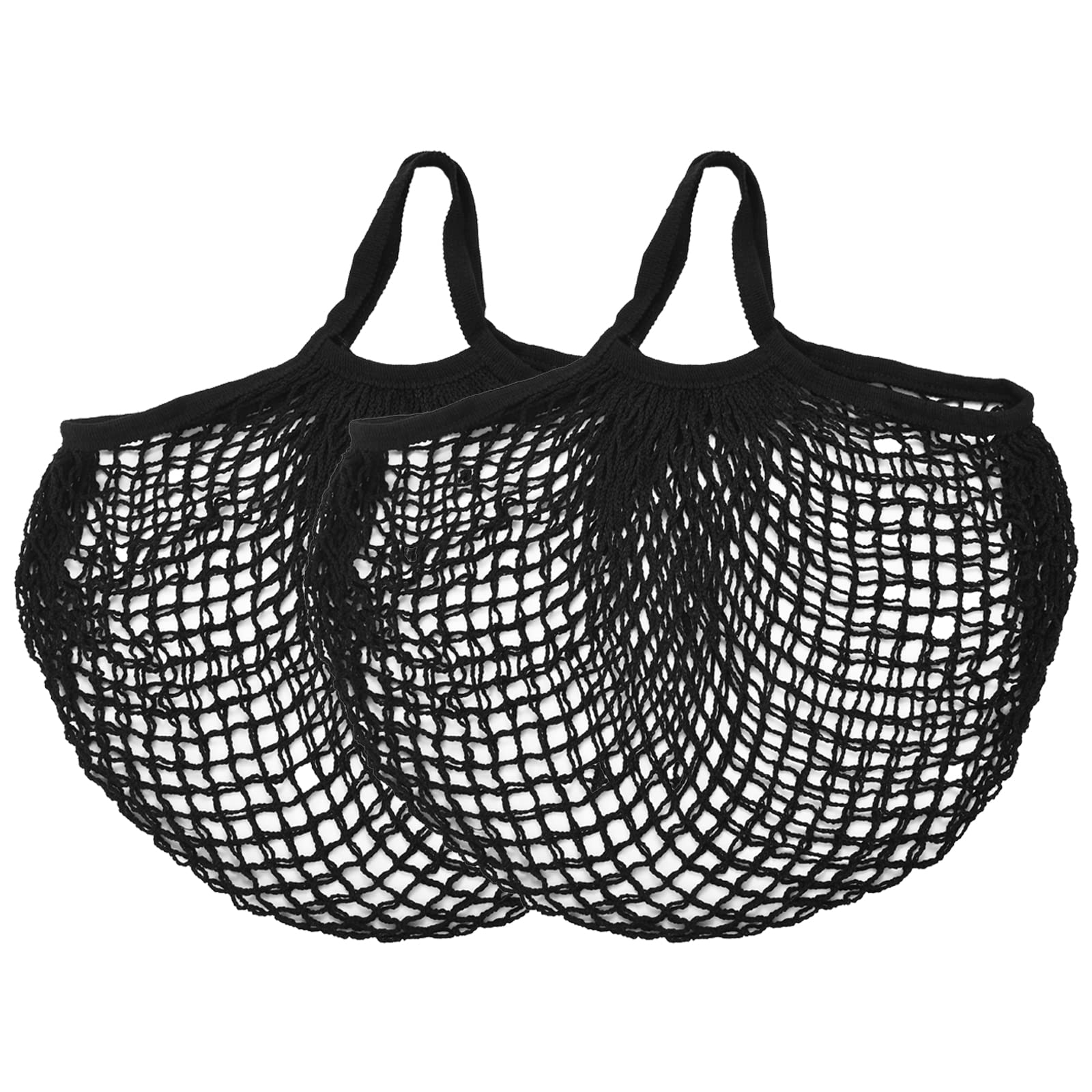 [2 pack completely Cotton string storage shopping bags, Ecology Reusable and washable mesh grocery bag, Portable short handle net tote Black
