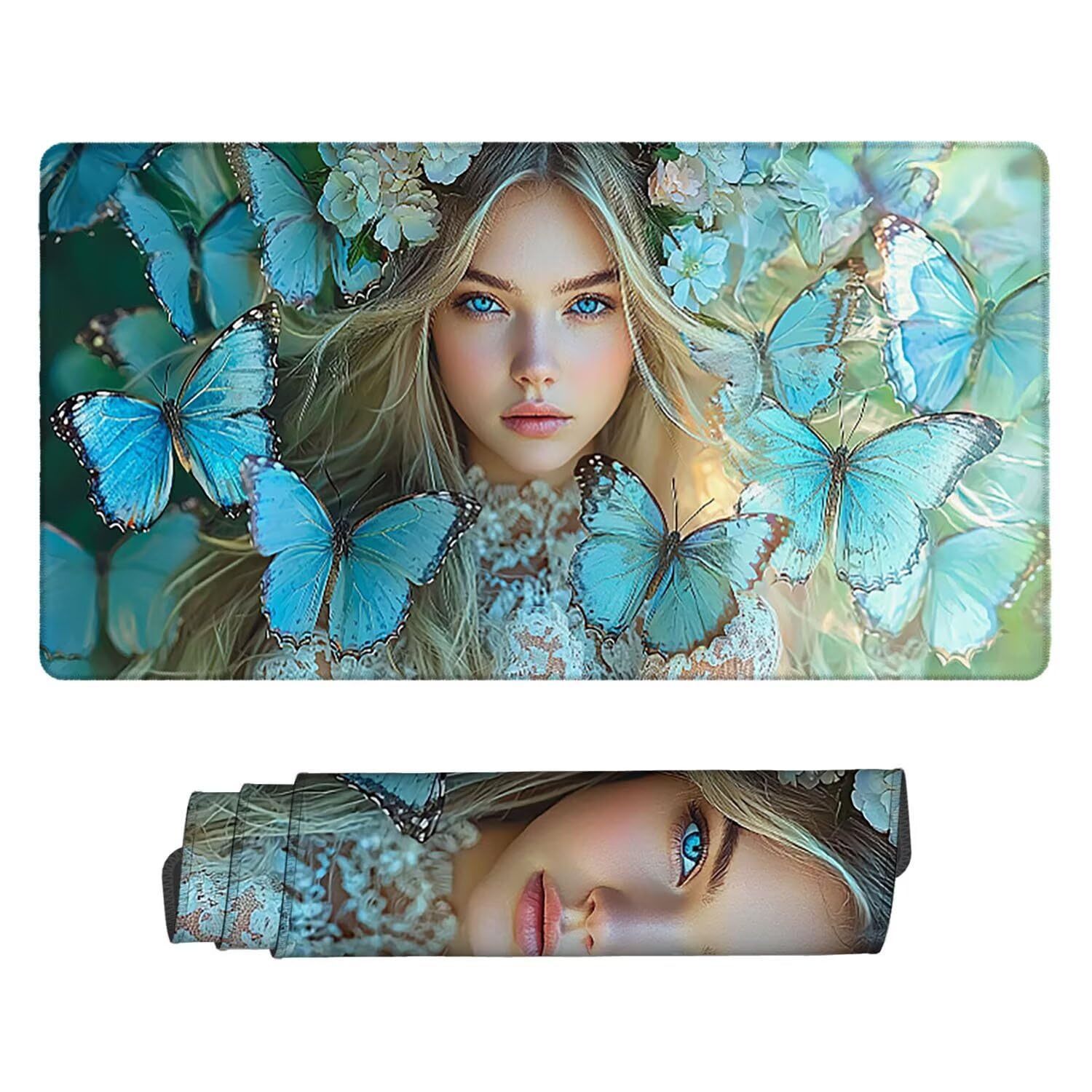 Podkładka pod mysz XXL, 1600 x 800 x 3 mm, gamingowa podkładka pod mysz z przyszytymi krawędziami, wodoodporna, z gładką powierzchnią, motyl, kobieta, podkładka pod mysz do wszystkich typów myszy