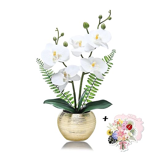 14 Inch Artificial White Orchid in Golden Ceramic Vase -