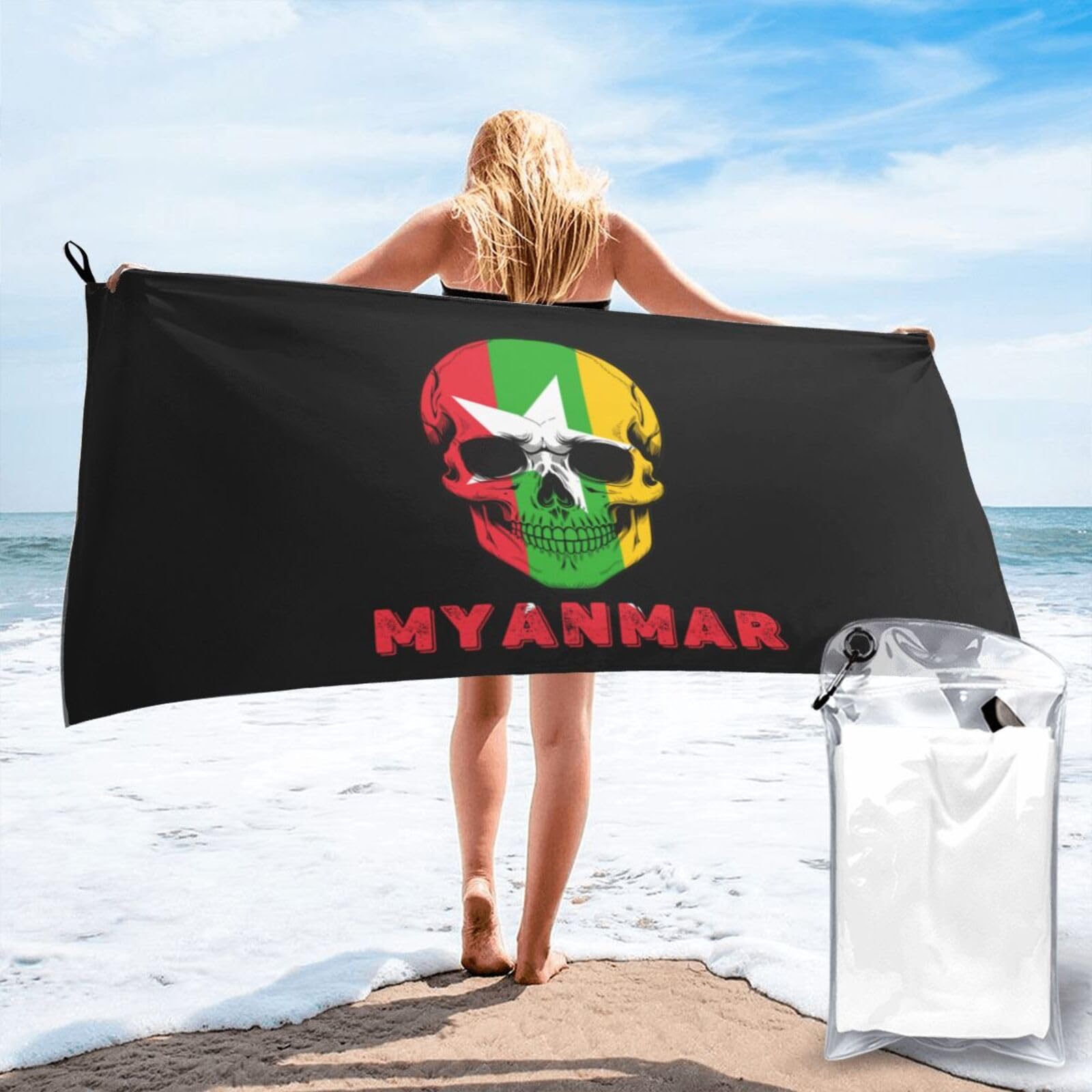 HACXZ Skull Myanmar Flag Lightweight Absorbent Beach Towel Microfiber Beach Towel 31.5"X63"