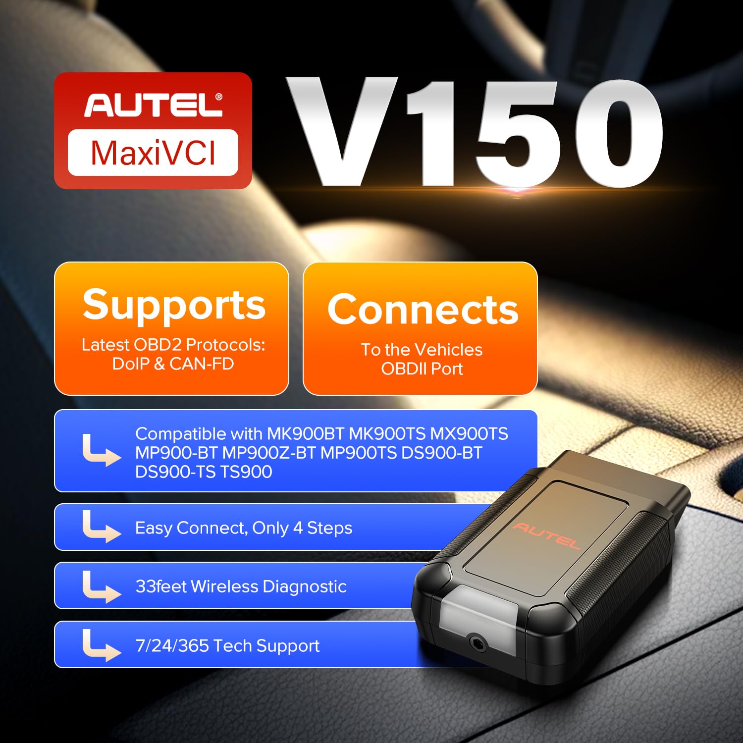 Autel MaxiVCI V150 VCI150 klucz bezprzewodowy, adapter złącza OBD2 VCI 150, interfejs komunikacyjny do samochodu, kompatybilny z walizką diagnostyczną MaxiCOM MK900BT MP900BT MP900TS MK900TS