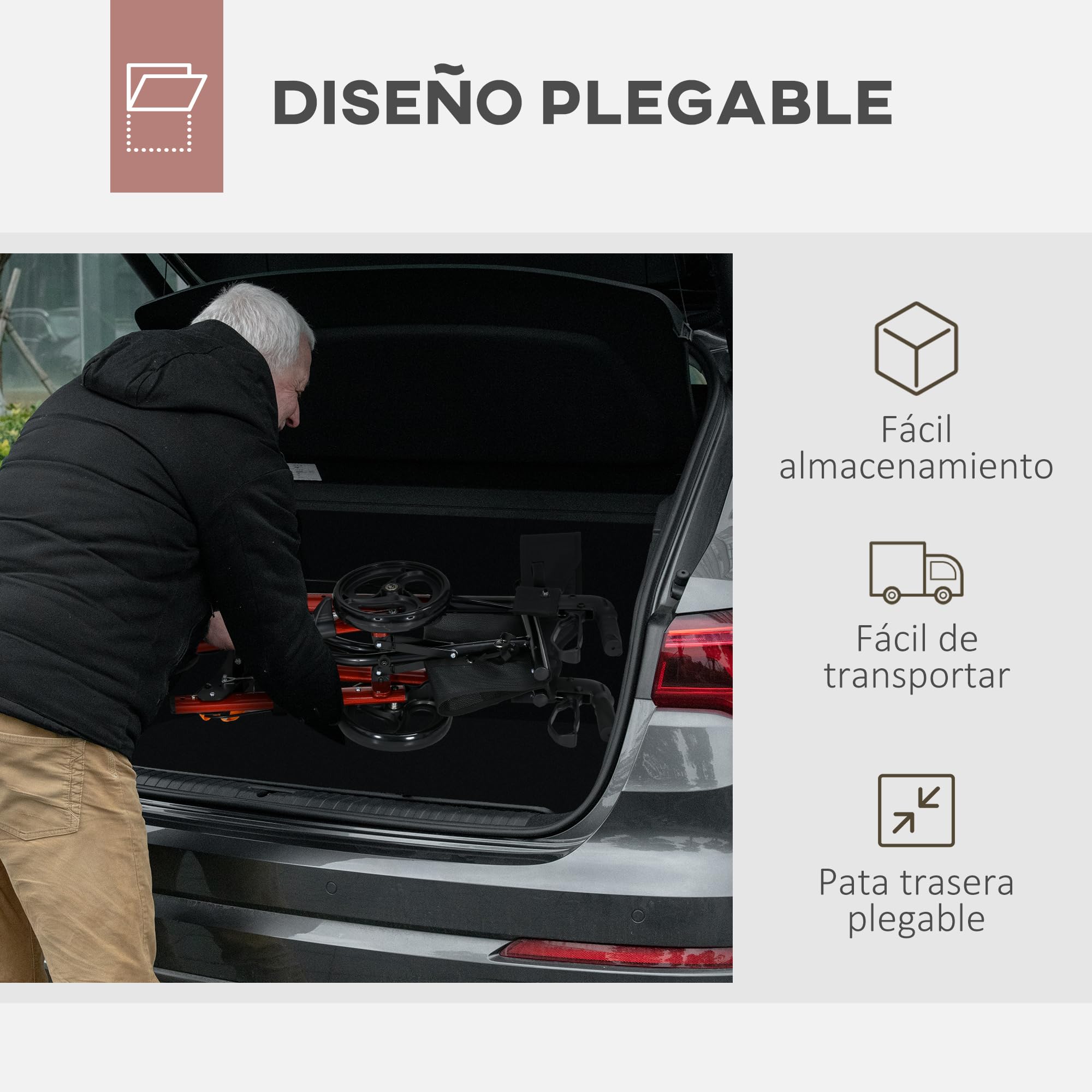 HOMCOM Andador para Ancianos Plegable de Aluminio con Asiento Rojo y Negro | Andador para Personas Mayores, 4 Ruedas, Altura Ajustable, Frenos de Maneta, Bolsa de Transporte
