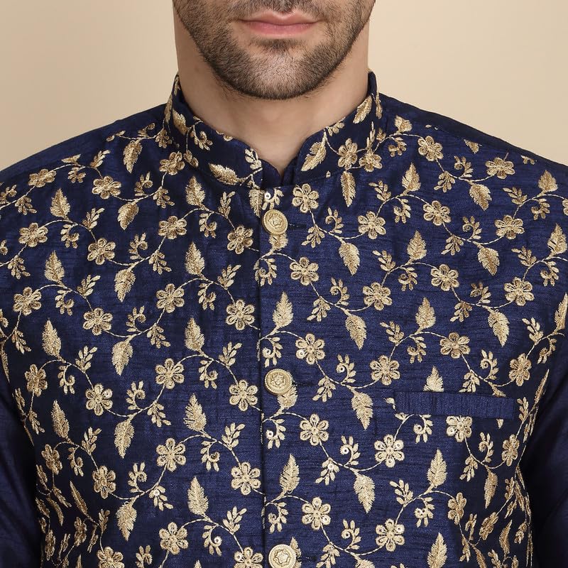 Image of KRAFT INDIA Men's Stylish Silk Kurta with Churidar & Nehru Jacket Set